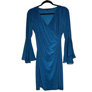 ❤️Liverpool 0 Dress Teal Blue Ruched V Neck Mesh Flare Sleeve Fairy Whimsigoth